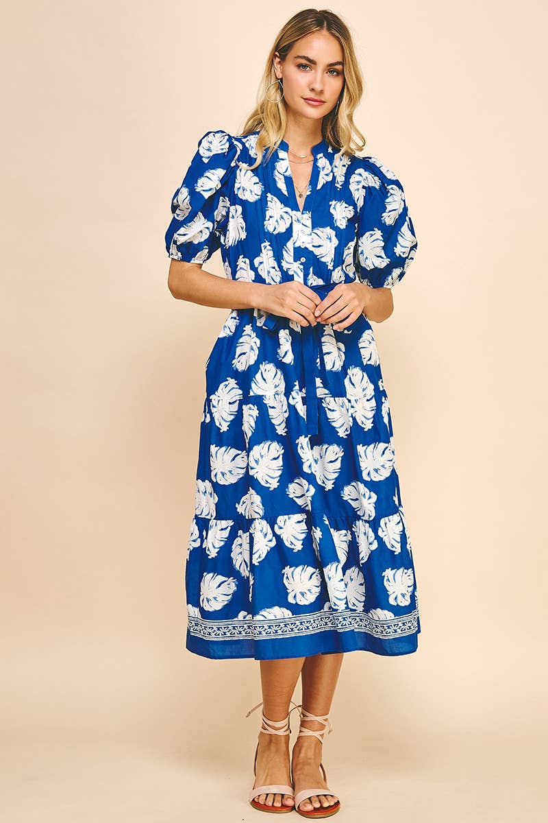 BOTANICAL PRINT SLEEVELESS TIERED MIDI DRESS - BLUE